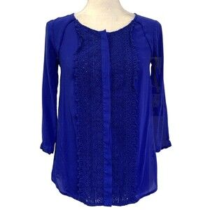 Anthropologie Maeve Royal Blue Button Front Top Blouse Lace Accent Size 0